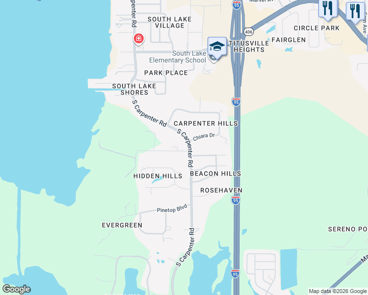 map of restaurants, bars, coffee shops, grocery stores, and more near 470 South Carpenter Road in Titusville