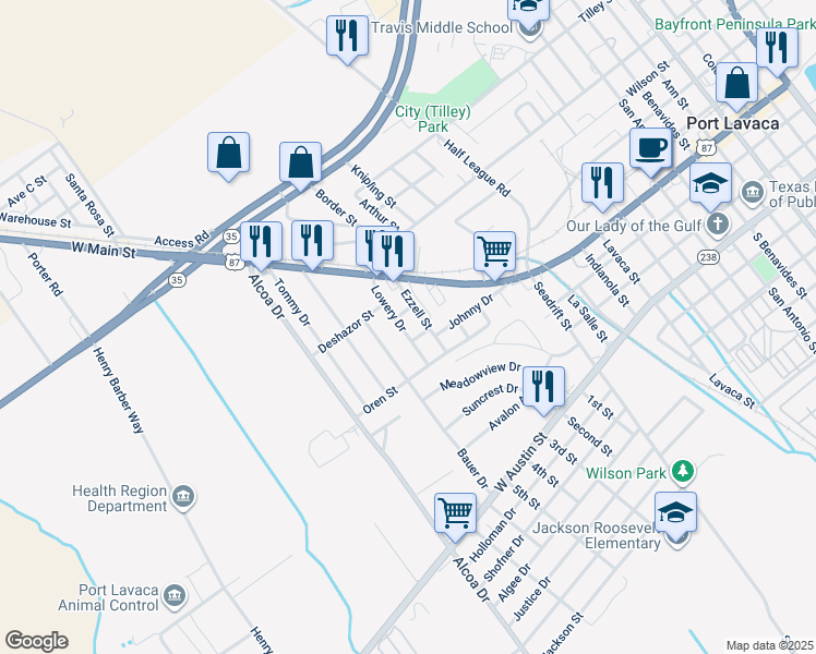 map of restaurants, bars, coffee shops, grocery stores, and more near 212 Lowery Drive in Port Lavaca