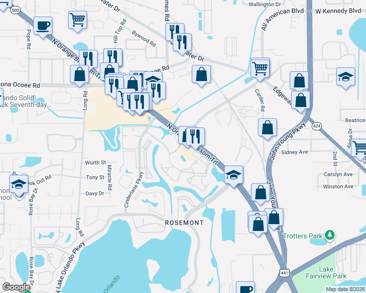 map of restaurants, bars, coffee shops, grocery stores, and more near 5484 North Orange Blossom Trail in Orlando