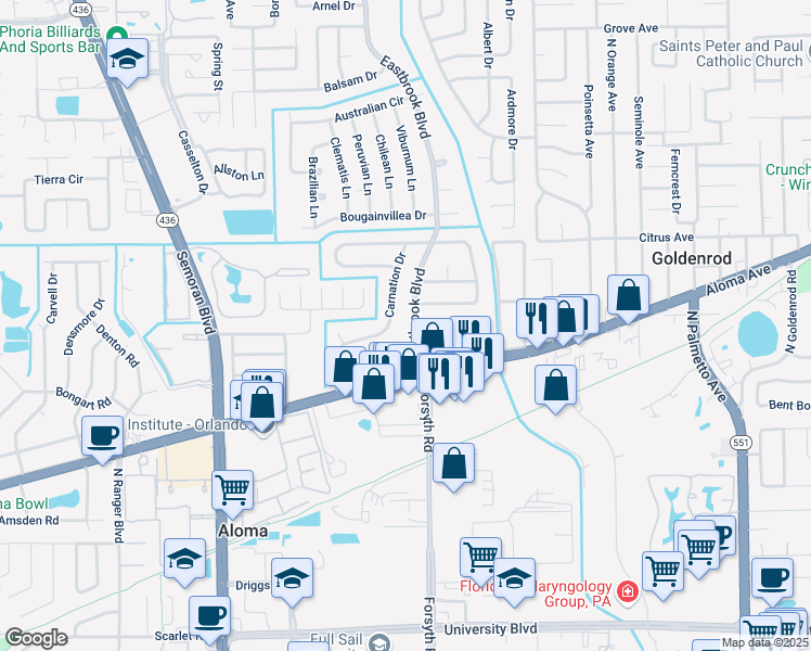 map of restaurants, bars, coffee shops, grocery stores, and more near 737 Eastbrook Boulevard in Winter Park