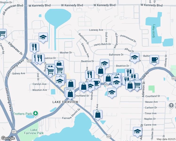 map of restaurants, bars, coffee shops, grocery stores, and more near 5309 Davisson Avenue in Orlando