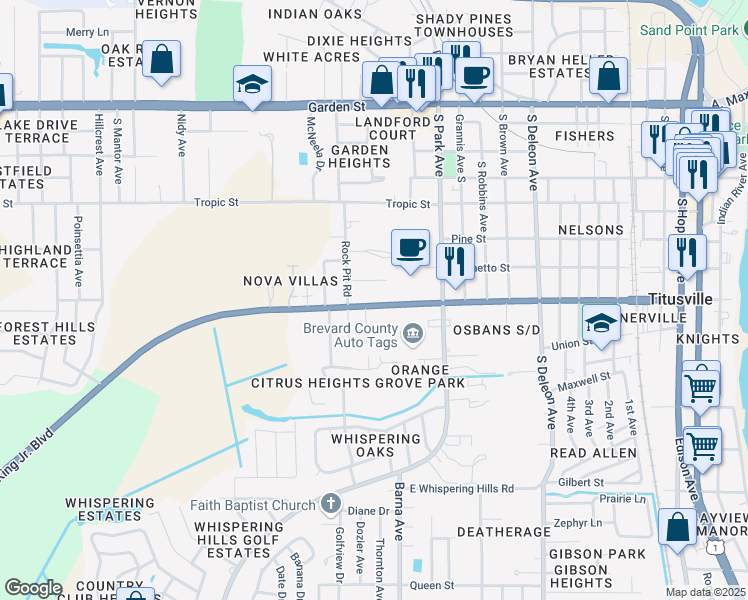 map of restaurants, bars, coffee shops, grocery stores, and more near 1606 South Street in Titusville