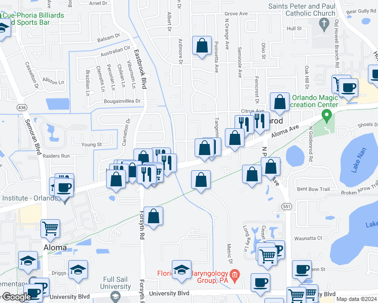 map of restaurants, bars, coffee shops, grocery stores, and more near 7099 Aloma Avenue in Winter Park