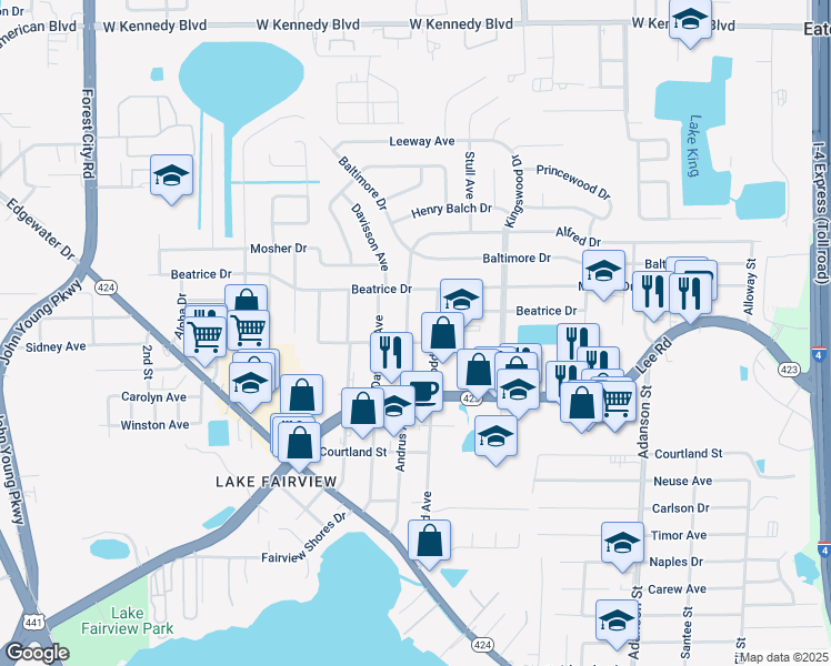 map of restaurants, bars, coffee shops, grocery stores, and more near 5306 Goddard Avenue in Orlando