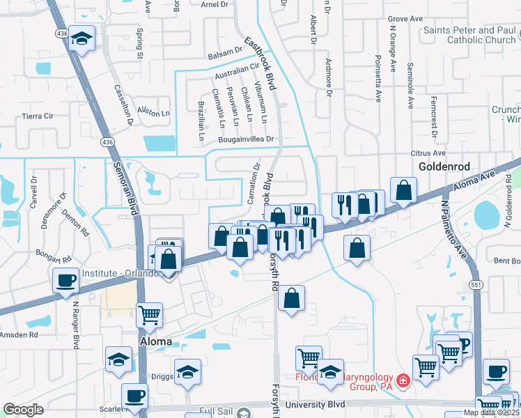map of restaurants, bars, coffee shops, grocery stores, and more near 737 Eastbrook Boulevard in Winter Park