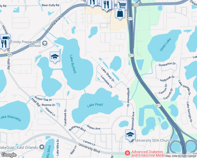 map of restaurants, bars, coffee shops, grocery stores, and more near 9147 Lake Burkett Drive in Orlando
