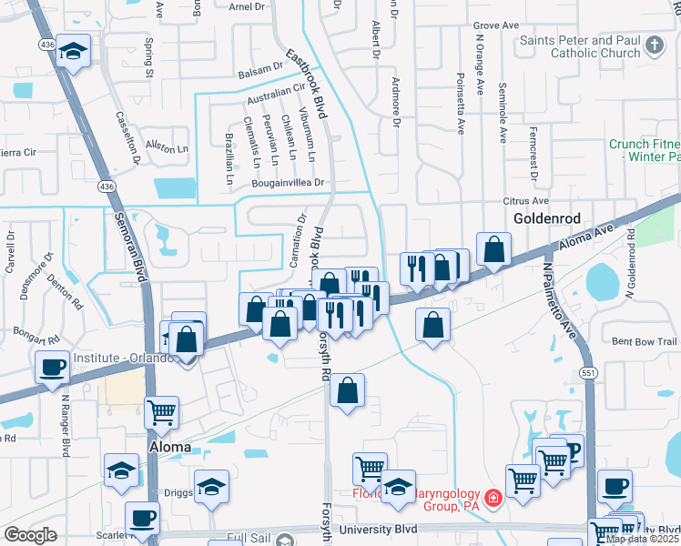 map of restaurants, bars, coffee shops, grocery stores, and more near 620 Oak Reserve Lane in Winter Park