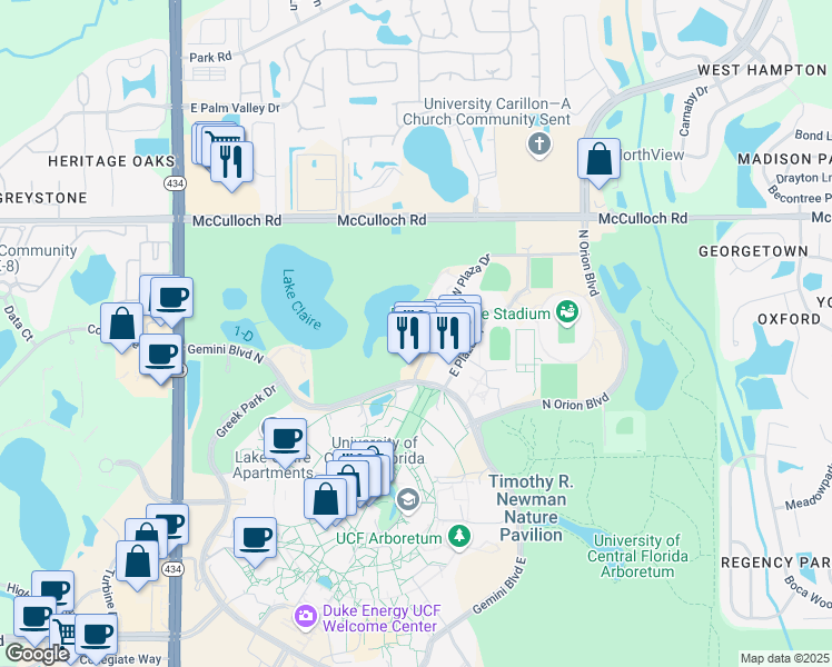 map of restaurants, bars, coffee shops, grocery stores, and more near 4274 West Plaza Drive in Orlando
