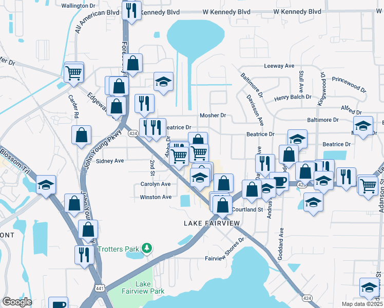 map of restaurants, bars, coffee shops, grocery stores, and more near 5302 Satel Drive in Orlando