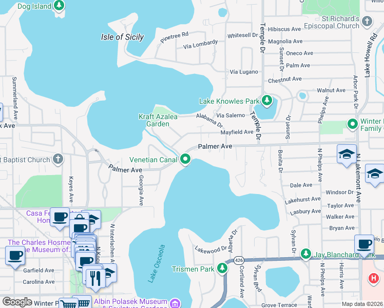 map of restaurants, bars, coffee shops, grocery stores, and more near 900 Palmer Avenue in Winter Park