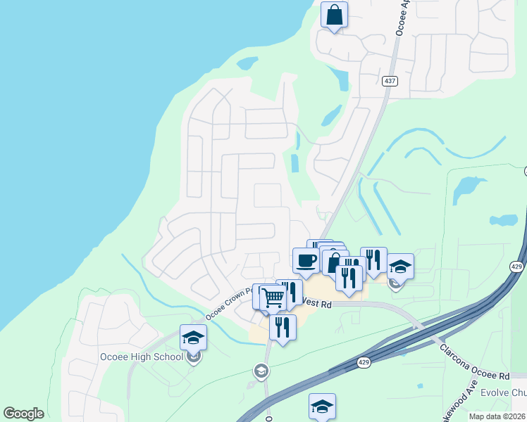 map of restaurants, bars, coffee shops, grocery stores, and more near 2716 Cabernet Circle in Ocoee