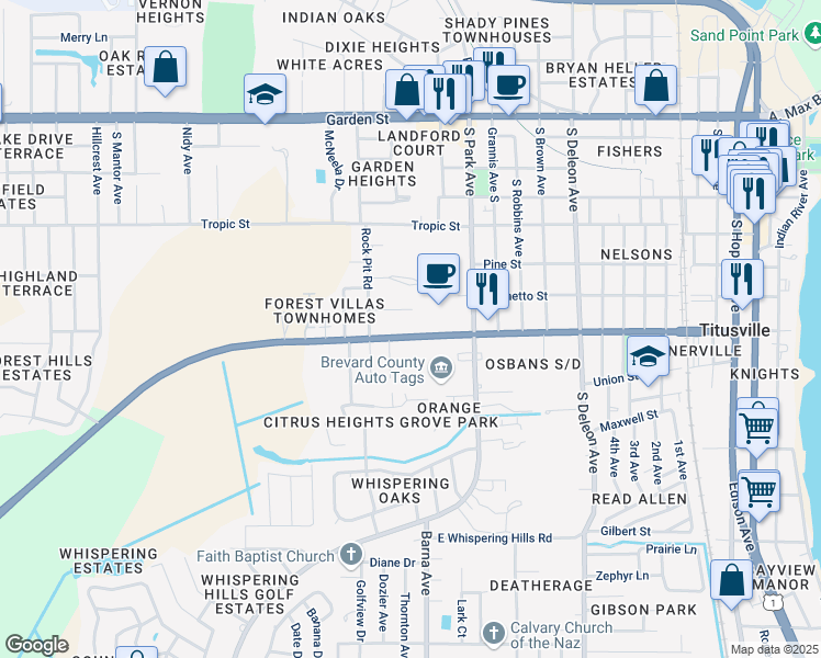 map of restaurants, bars, coffee shops, grocery stores, and more near 1602 South Street in Titusville