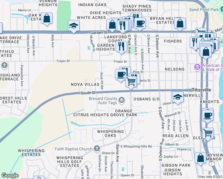 map of restaurants, bars, coffee shops, grocery stores, and more near 1588 South Street in Titusville