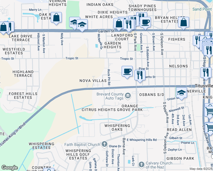 map of restaurants, bars, coffee shops, grocery stores, and more near 1800 South Street in Titusville
