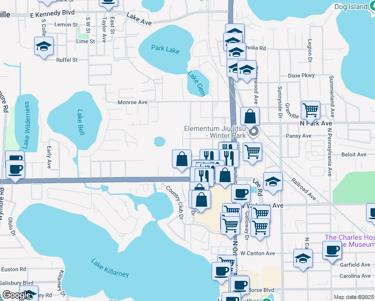 map of restaurants, bars, coffee shops, grocery stores, and more near 1112 Park Green Place in Winter Park