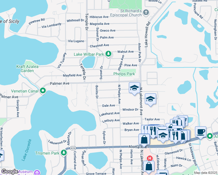 map of restaurants, bars, coffee shops, grocery stores, and more near 1601 Oakhurst Avenue in Winter Park