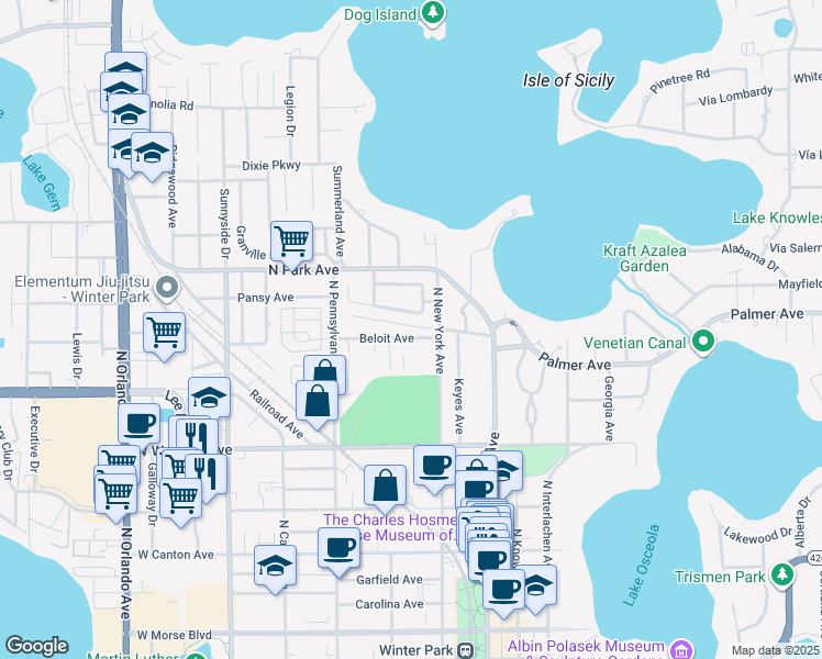map of restaurants, bars, coffee shops, grocery stores, and more near 321 Beloit Avenue in Winter Park