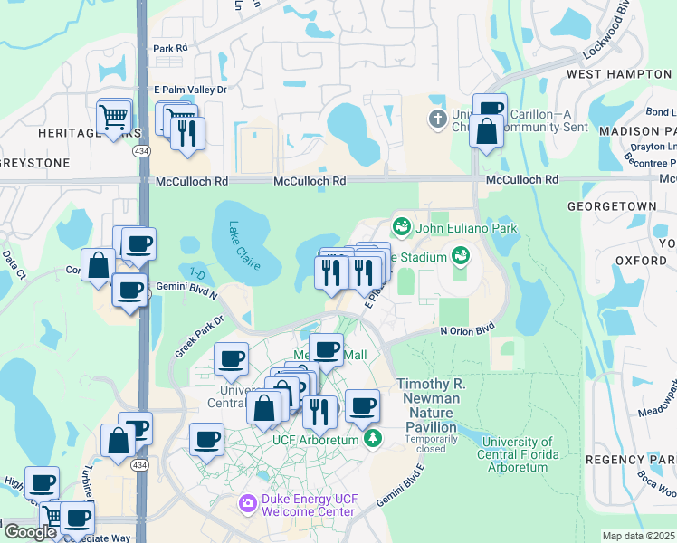 map of restaurants, bars, coffee shops, grocery stores, and more near 4274 West Plaza Drive in Orlando