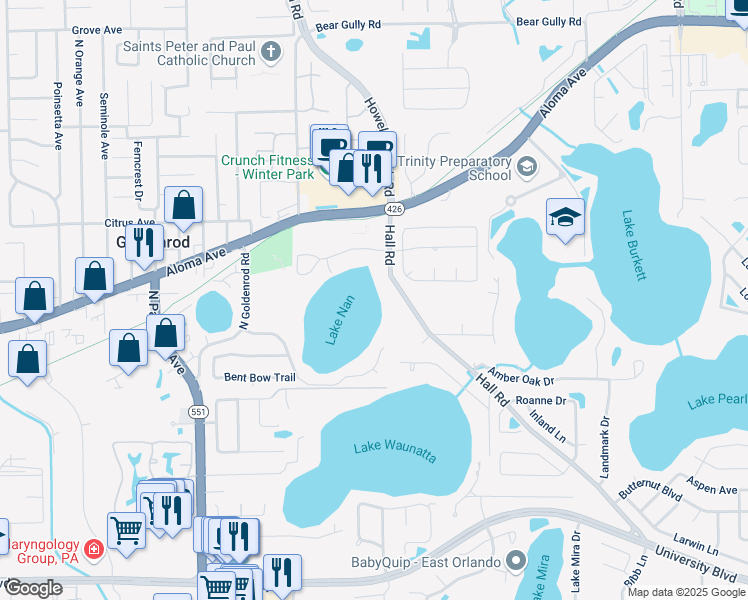 map of restaurants, bars, coffee shops, grocery stores, and more near 4752 Hall Road in Orlando