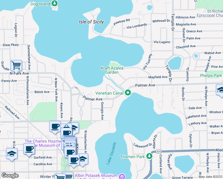map of restaurants, bars, coffee shops, grocery stores, and more near 1077 McKean Circle in Winter Park