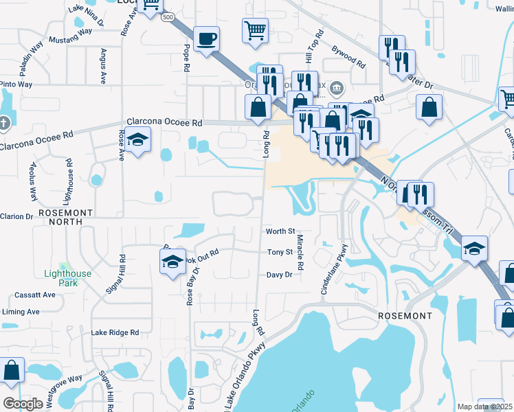 map of restaurants, bars, coffee shops, grocery stores, and more near 5232 Long Road in Orlando