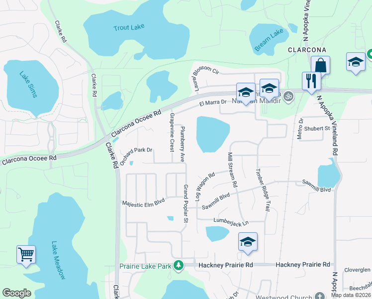 map of restaurants, bars, coffee shops, grocery stores, and more near 2661 Plumberry Avenue in Ocoee