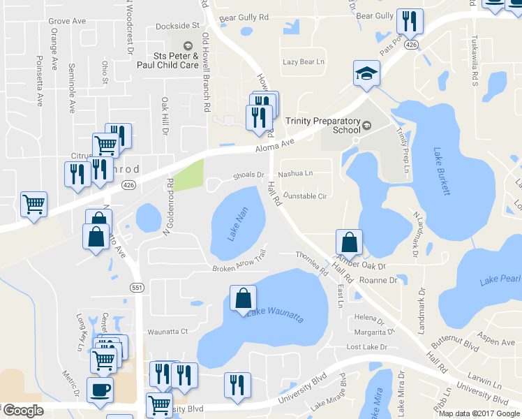map of restaurants, bars, coffee shops, grocery stores, and more near 4752 Hall Road in Orlando