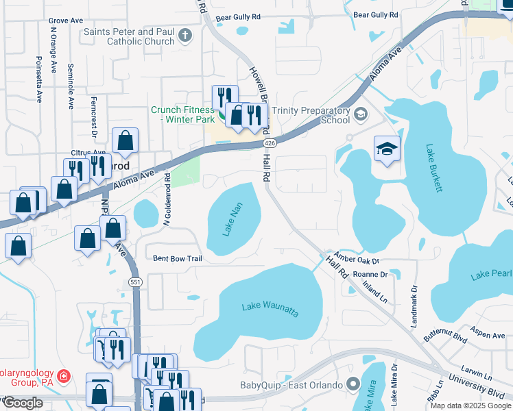 map of restaurants, bars, coffee shops, grocery stores, and more near 4752 Hall Road in Orlando