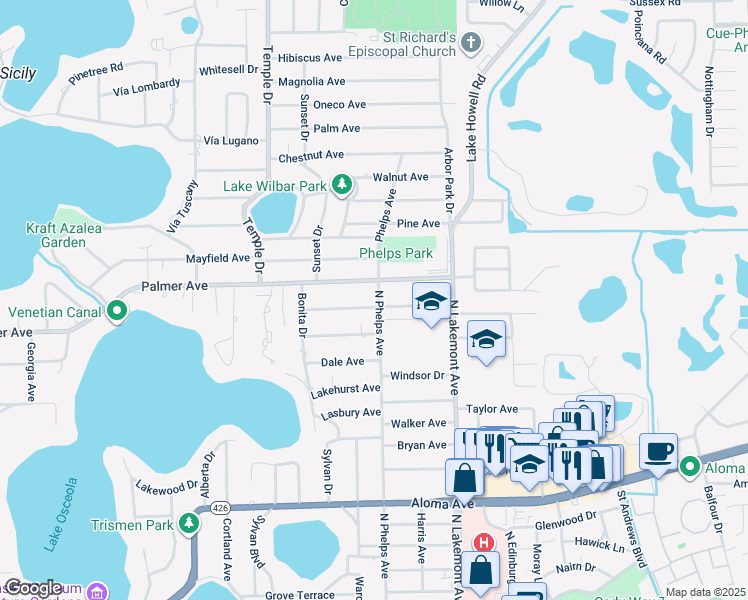 map of restaurants, bars, coffee shops, grocery stores, and more near 1691 Oakhurst Avenue in Winter Park