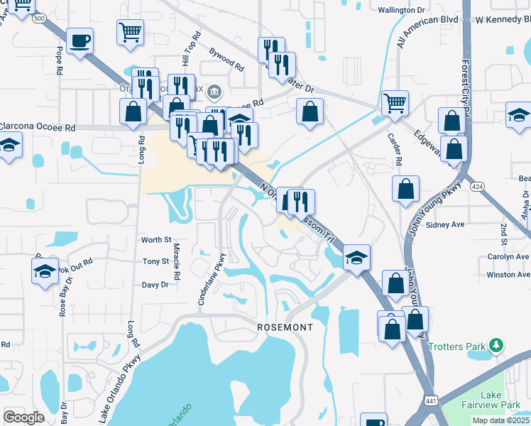map of restaurants, bars, coffee shops, grocery stores, and more near 3927 Rosewood Way in Orlando
