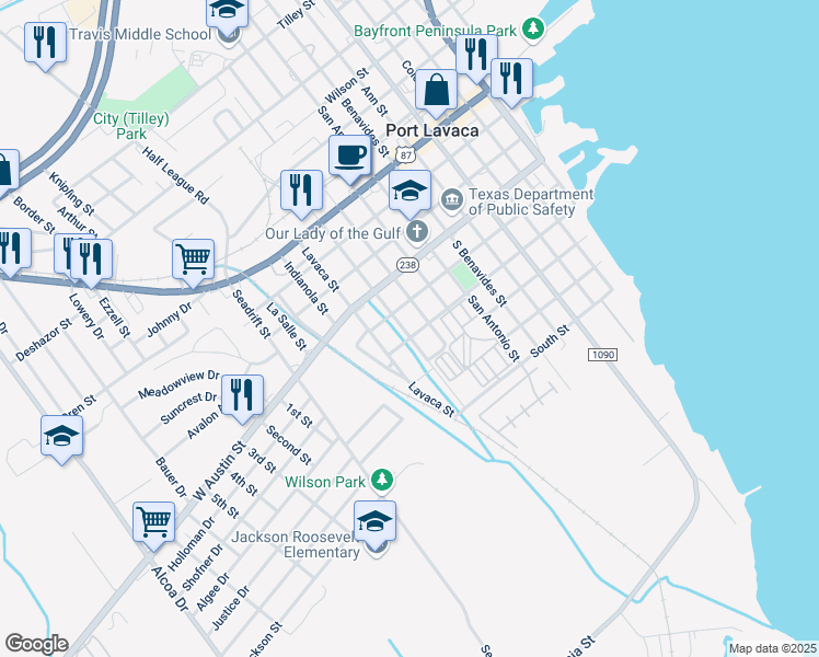 map of restaurants, bars, coffee shops, grocery stores, and more near 522 South Juanita Street in Port Lavaca
