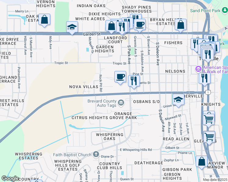 map of restaurants, bars, coffee shops, grocery stores, and more near 1578 South Street in Titusville