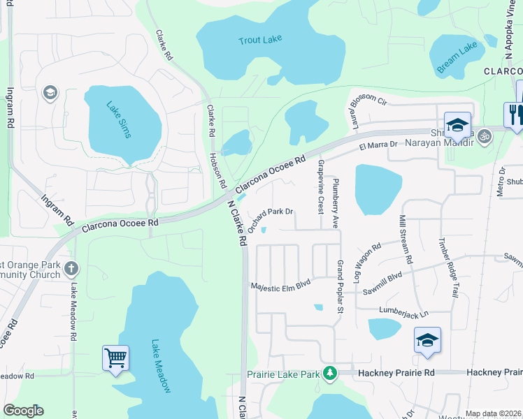 map of restaurants, bars, coffee shops, grocery stores, and more near 1882 Orchard Park Drive in Ocoee