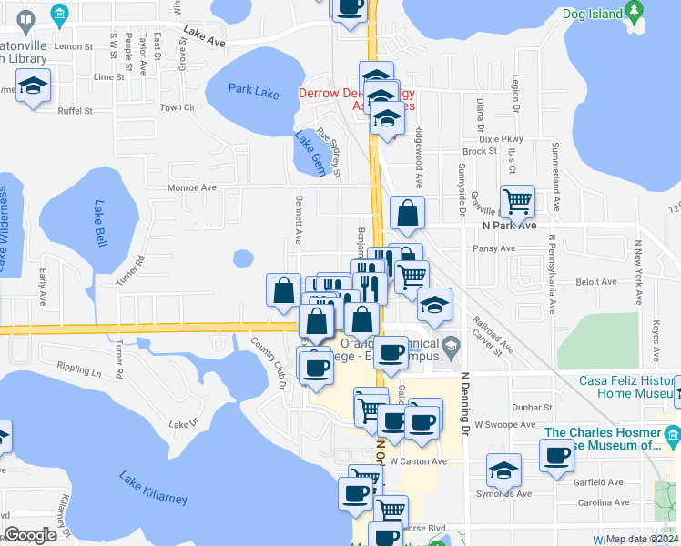 map of restaurants, bars, coffee shops, grocery stores, and more near 1060 Lewis Drive in Winter Park