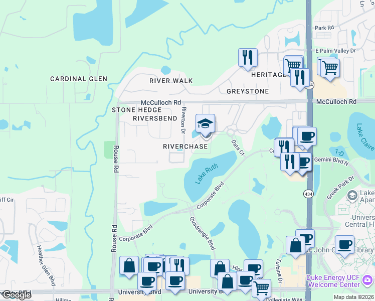map of restaurants, bars, coffee shops, grocery stores, and more near 4629 Riverton Drive in Orlando