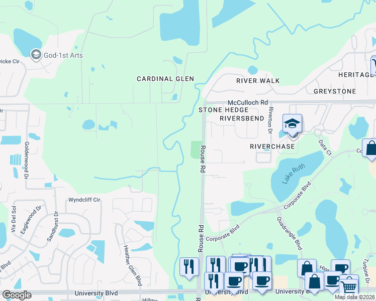 map of restaurants, bars, coffee shops, grocery stores, and more near 4050 Rouse Road in Orlando