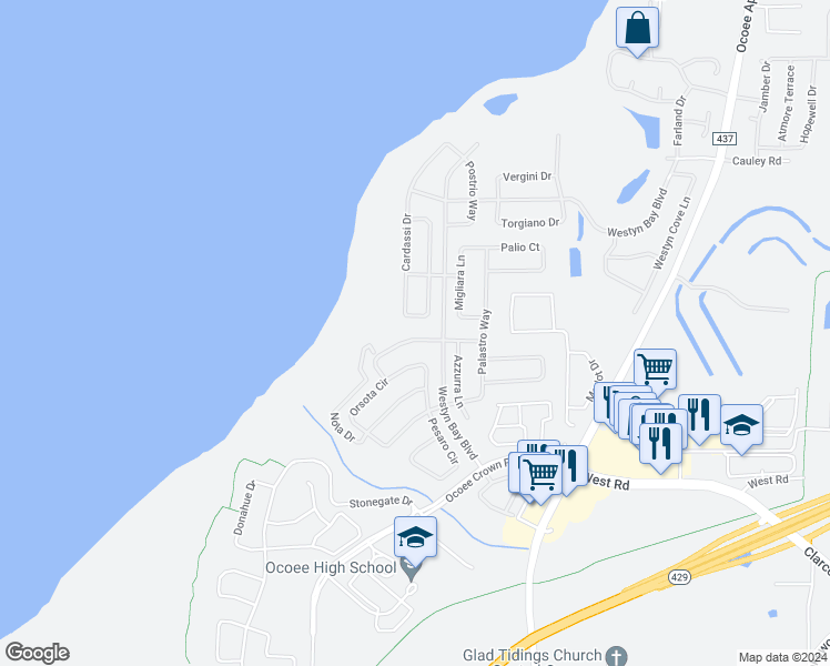 map of restaurants, bars, coffee shops, grocery stores, and more near 818 Pecori Terrace in Ocoee
