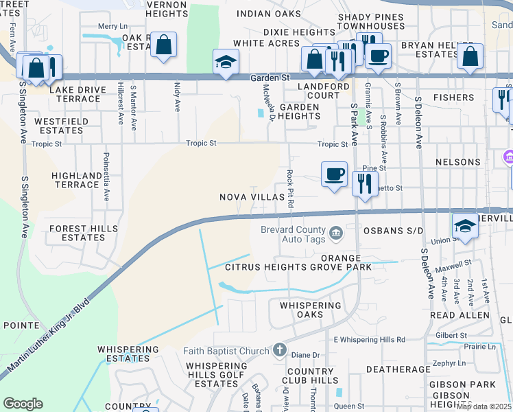 map of restaurants, bars, coffee shops, grocery stores, and more near 643 Angela Lane in Titusville