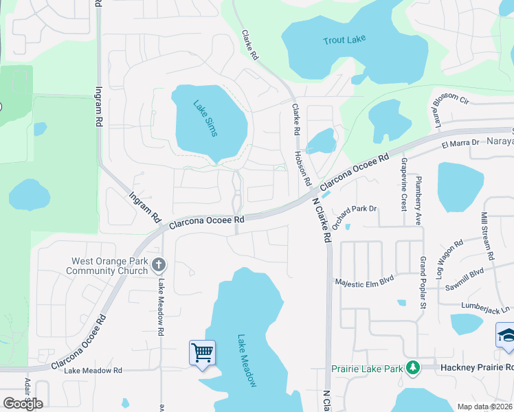 map of restaurants, bars, coffee shops, grocery stores, and more near 1569 Amber Leaf Circle in Ocoee