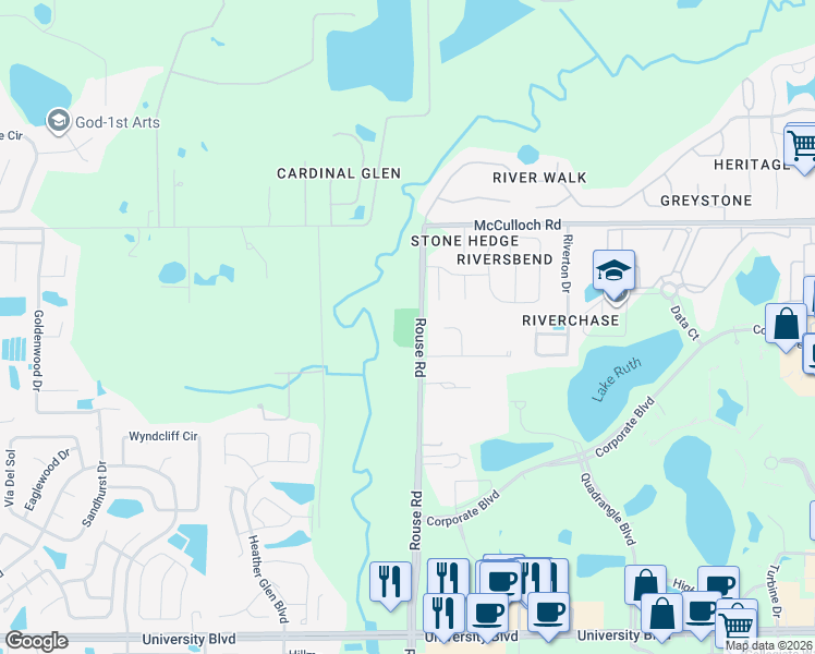 map of restaurants, bars, coffee shops, grocery stores, and more near 4050 Rouse Road in Orlando