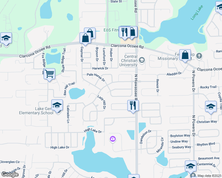 map of restaurants, bars, coffee shops, grocery stores, and more near 7127 Gray Shadow Street in Orlando