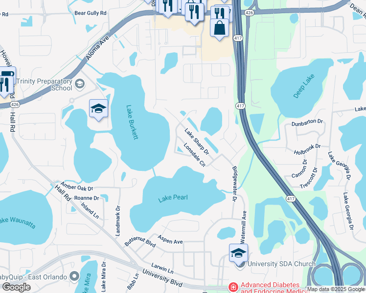 map of restaurants, bars, coffee shops, grocery stores, and more near 9147 Lake Burkett Drive in Orlando