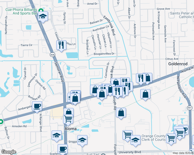 map of restaurants, bars, coffee shops, grocery stores, and more near 745 Carnation Drive in Winter Park