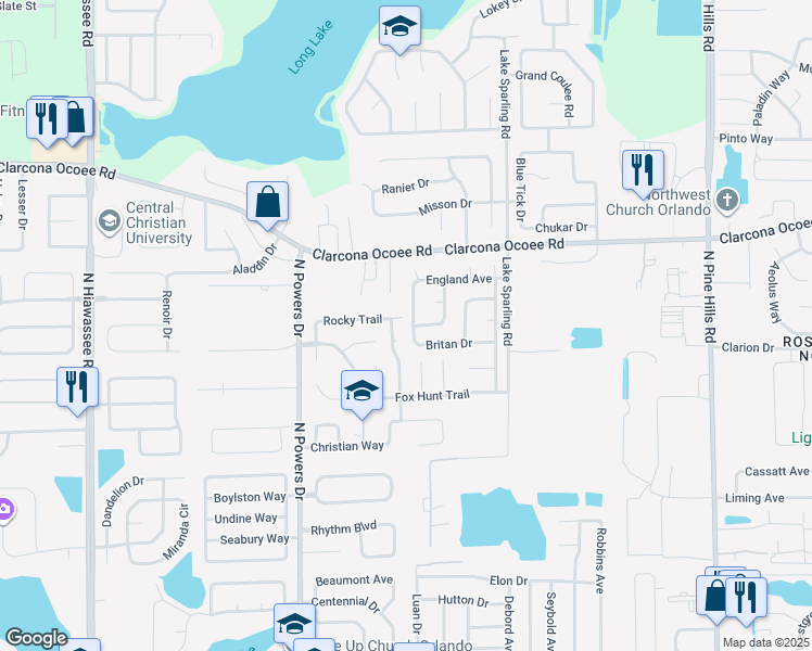 map of restaurants, bars, coffee shops, grocery stores, and more near 5496 Britan Drive in Orlando