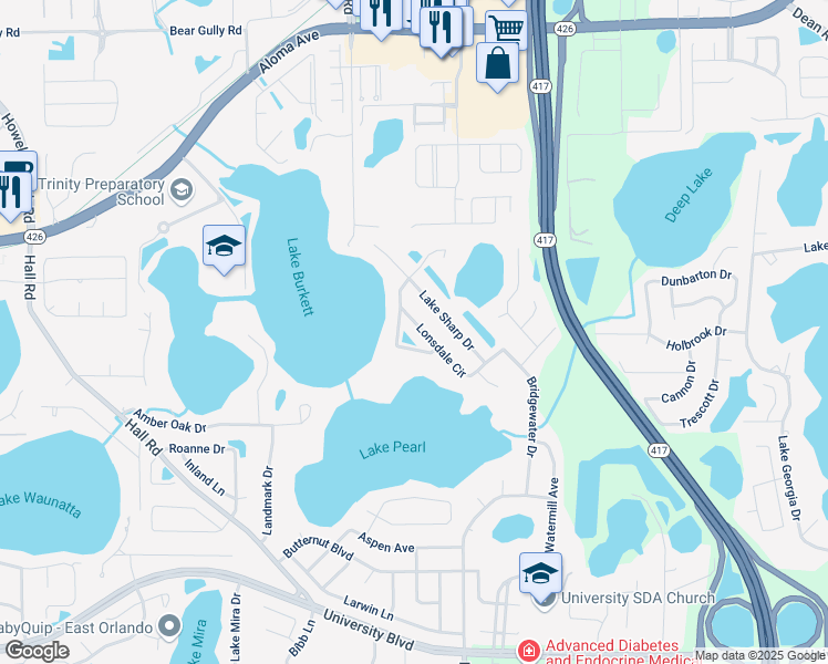 map of restaurants, bars, coffee shops, grocery stores, and more near 9147 Lake Burkett Drive in Orlando
