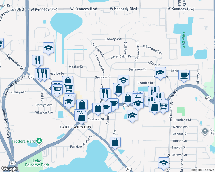 map of restaurants, bars, coffee shops, grocery stores, and more near 5309 Davisson Avenue in Orlando