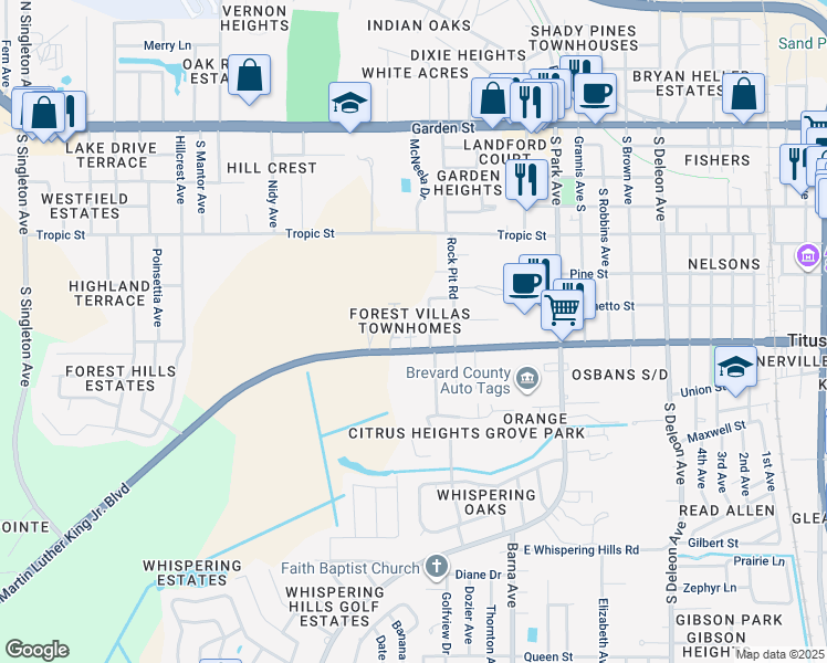 map of restaurants, bars, coffee shops, grocery stores, and more near 1860 South Street in Titusville