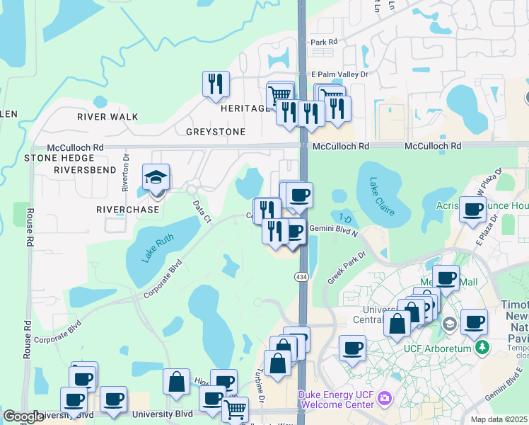 map of restaurants, bars, coffee shops, grocery stores, and more near 12413 Golden Knight Circle in Orlando