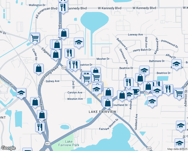 map of restaurants, bars, coffee shops, grocery stores, and more near 5302 Satel Drive in Orlando