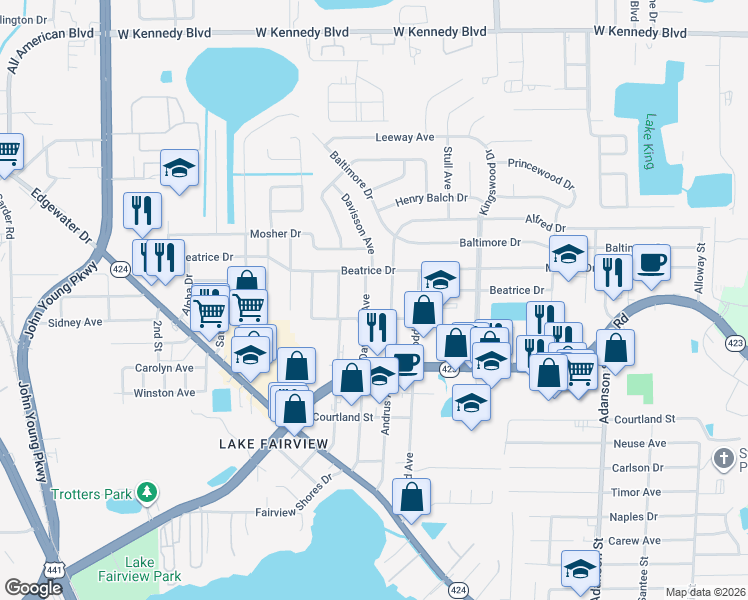 map of restaurants, bars, coffee shops, grocery stores, and more near 5319 Davisson Avenue in Orlando